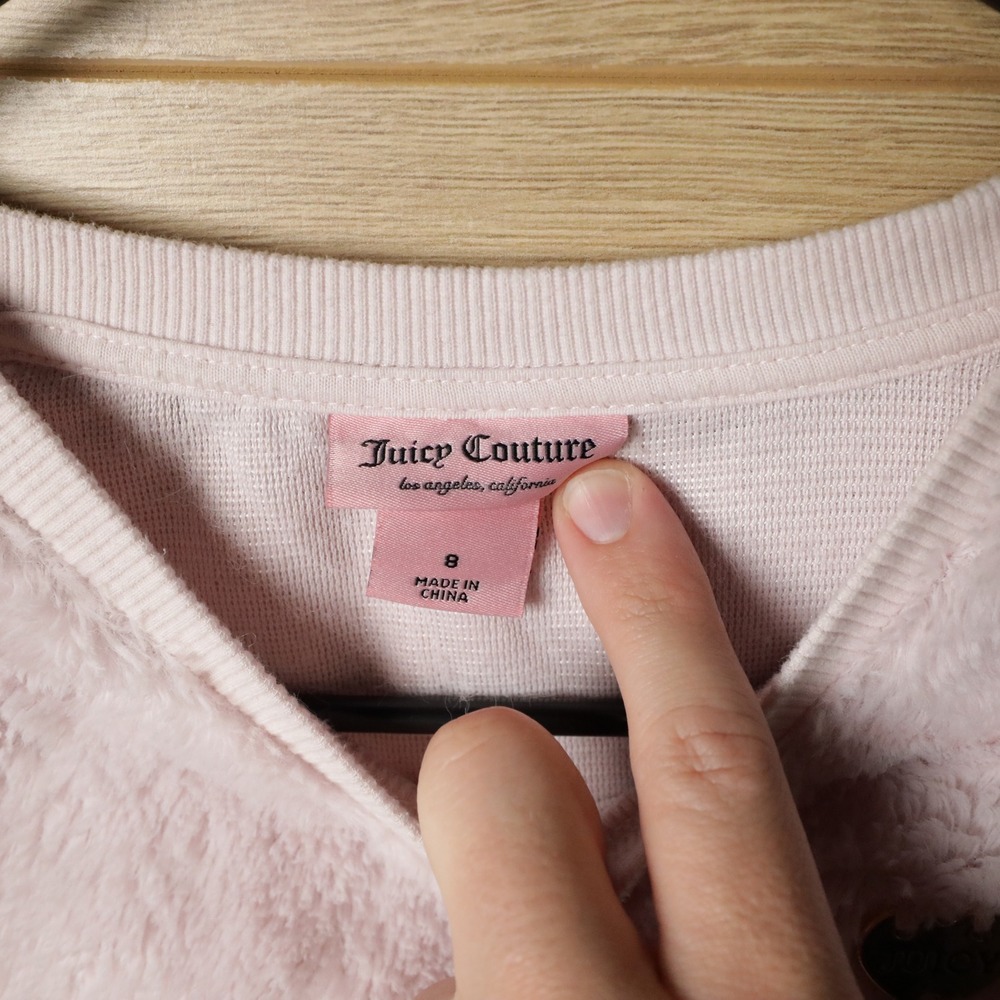 Juicy Couture Fuzzy Pink Heart Logo Long Sleeve Crewneck Sweater Girls Size 8 - Picture 3 of 5